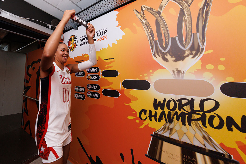 Napheesa Collier of the USA celebrates USA's advancement to the semi-finals beside the tournament bracket following a quarter-final victory over Hungary at the FIBA Women's Basketball World Cup Germany 2026 quarter-final between USA and Hungary at Berlin Arena on September 10, 2026 in Berlin, Germany.