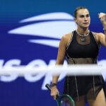 Aryna Sabalenka celebrates match point after defeating Jessica Pegula of the United States during their Women's Singles Semifinal match on Day Twelve of the 2026 US Open.