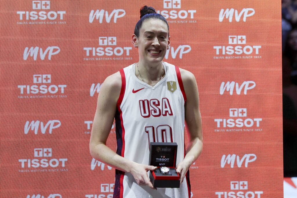 Breanna Stewart of USA is named the best player of the World Championships after the FIBA Women's Basketball World Cup Germany 2026 final match between United States and France at Berlin Arena.