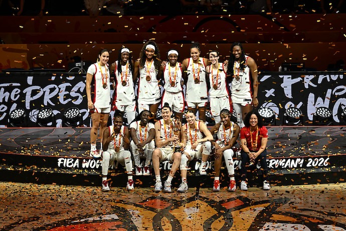 The USA Basketball Women's National Team celebrates winning the 2026 FIBA Women's Basketball World Cup after the game against the France Women's National Team.
