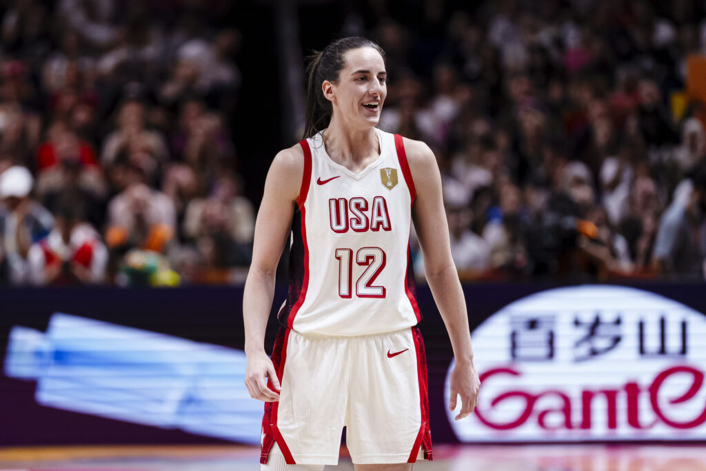 Caitlin Clark of the United States smiles during the FIBA Women's Basketball World Cup Germany 2026 Final match between France and United States.