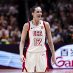 Caitlin Clark of the United States smiles during the FIBA Women's Basketball World Cup Germany 2026 Final match between France and United States.