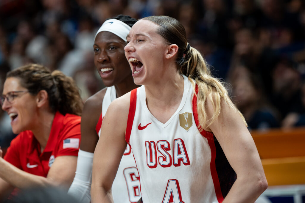 Paige Bueckers celebrates after scoring a point during the FIBA Women's Basketball World Cup 2026 Final game between the United States and France in Berlin, Germany, on September 13, 2026.