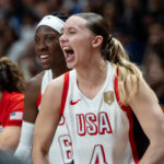 Paige Bueckers celebrates after scoring a point during the FIBA Women's Basketball World Cup 2026 Final game between the United States and France in Berlin, Germany, on September 13, 2026.
