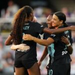 Jaedyn Shaw #10 of NJ/NY Gotham FC celebrates scoring the team's second goal with teammates during the NWSL match between Racing Louisville FC and NJ/NY Gotham FC.