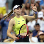 Elena Rybakina of Kazakhstan celebrates match point against Aryna Sabalenka in their Women's Singles Final match on Day Fourteen of the 2026 US Open at USTA Billie Jean King National Tennis Center.