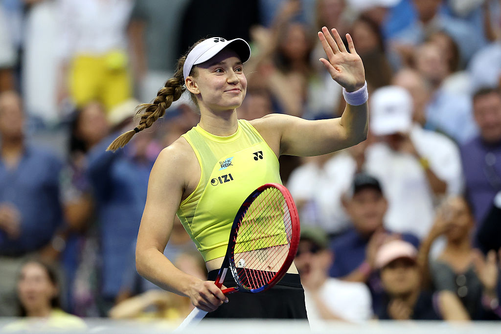 Elena Rybakina of Kazakhstan celebrates match point against Aryna Sabalenka in their Women's Singles Final match on Day Fourteen of the 2026 US Open at USTA Billie Jean King National Tennis Center.