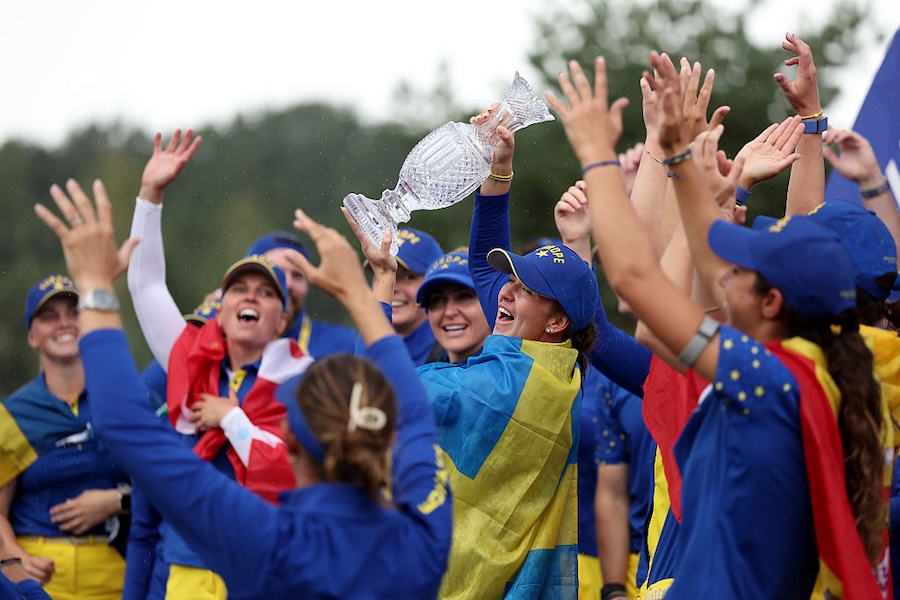 Linn Grant of Team Europe lifts the Solheim Cup trophy with her team, during the trophy presentation ceremony, following a 15-13 victory in the the Sunday singles matches of the Solheim Cup 2026.
