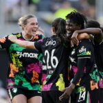 Aissata Traore #14 of Boston Legacy FC celebrates scoring her team's first goal with teammates during the NWSL match between Washington Spirit and Boston Legacy FC.