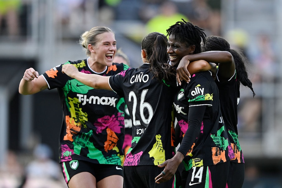 Aissata Traore #14 of Boston Legacy FC celebrates scoring her team's first goal with teammates during the NWSL match between Washington Spirit and Boston Legacy FC.