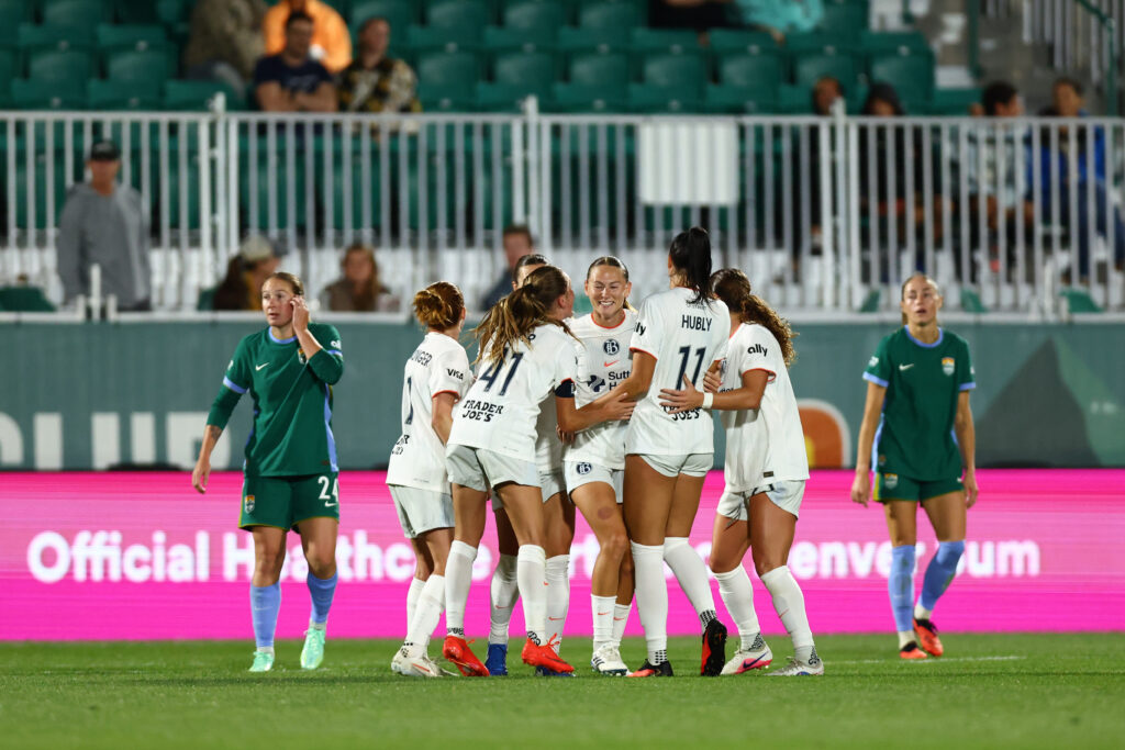 Taylor Huff #7 of Bay FC celebrates scoring the team's second goal with teammates during the NWSL match between Denver Summit FC and Bay FC at Centennial Stadium.