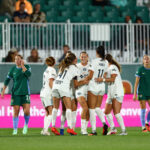 Taylor Huff #7 of Bay FC celebrates scoring the team's second goal with teammates during the NWSL match between Denver Summit FC and Bay FC at Centennial Stadium.