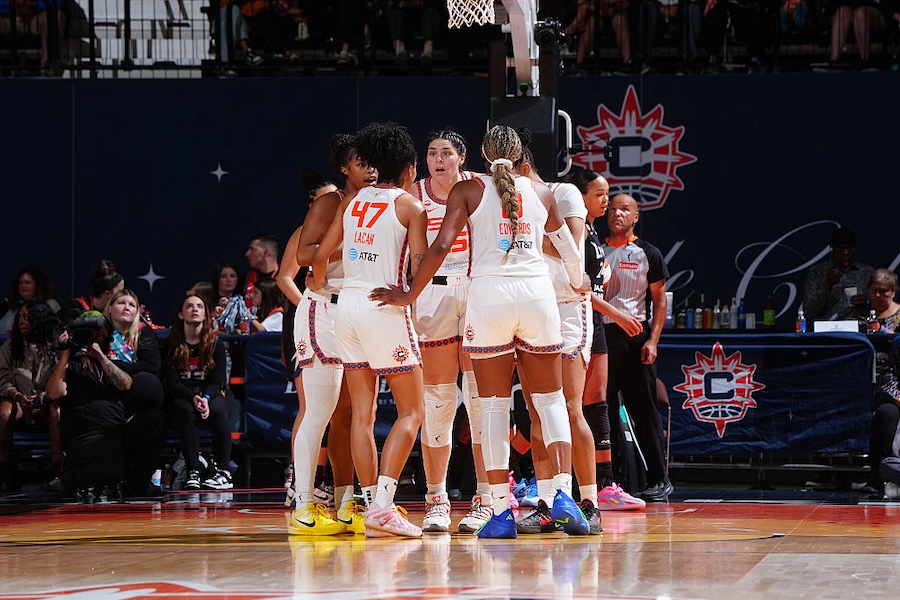 The Connecticut Sun huddle up during the game against the Minnesota Lynx on September 20, 2026 at the Mohegan Sun Arena in Uncasville, Connecticut.