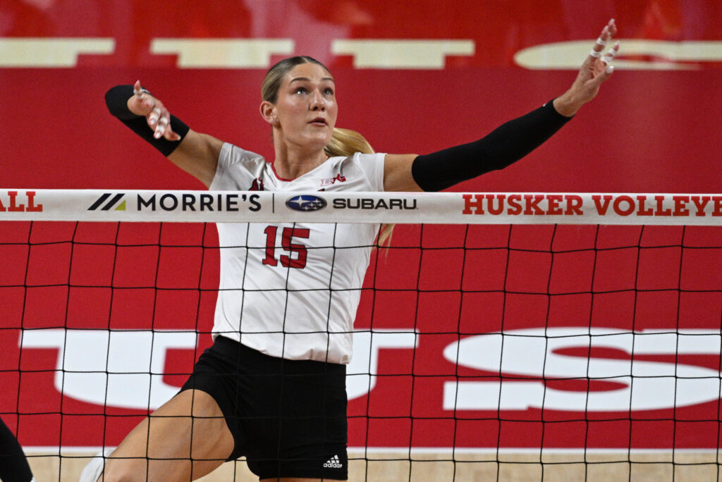 Andi Jackson #15 of the Nebraska Cornhuskers attacks against the Creighton Bluejays at Pinnacle Bank Arena.