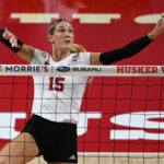 Andi Jackson #15 of the Nebraska Cornhuskers attacks against the Creighton Bluejays at Pinnacle Bank Arena.