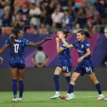 Kenza Dali #10 of San Diego Wave FC and teammates celebrate their team's second goal scored by teammate Kennedy Wesley #2 (not in frame) during the NWSL match between San Diego Wave FC and Kansas City Current.