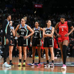 The New York Liberty and Angel Reese #5 of the Atlanta Dream look on during the game on September 23, 2026 at Barclays Center Arena in Brooklyn, New York.