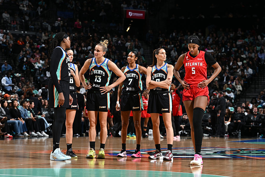 The New York Liberty and Angel Reese #5 of the Atlanta Dream look on during the game on September 23, 2026 at Barclays Center Arena in Brooklyn, New York.