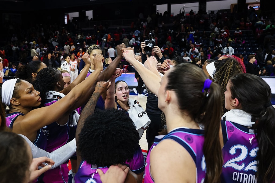 Washington Mystics players celebrate after the game against the Connecticut Sun at CareFirst Arena on September 22, 2026 in Washington, DC.