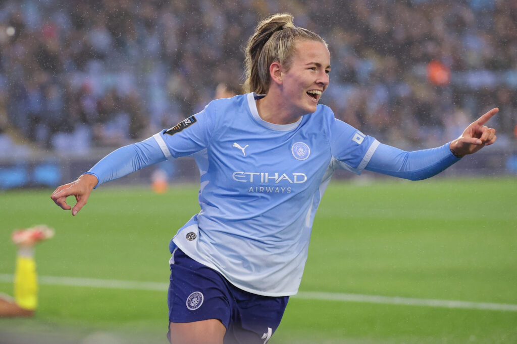 Lauren Hemp of Manchester City celebrates after scoring their side's first goal during the Barclays Women's Super League 2026/27 match between Manchester City and Liverpool FC at Joie Stadium on September 18, 2026 in Manchester, England.