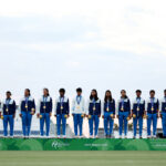 Gold medalists India stand for the national anthem during the Cricket Women's medal ceremony on day three of the 2026 Asian Games Aichi-Nagoya at Korogi Athletic Park on September 22, 2026 in Nisshin, Aichi, Japan.