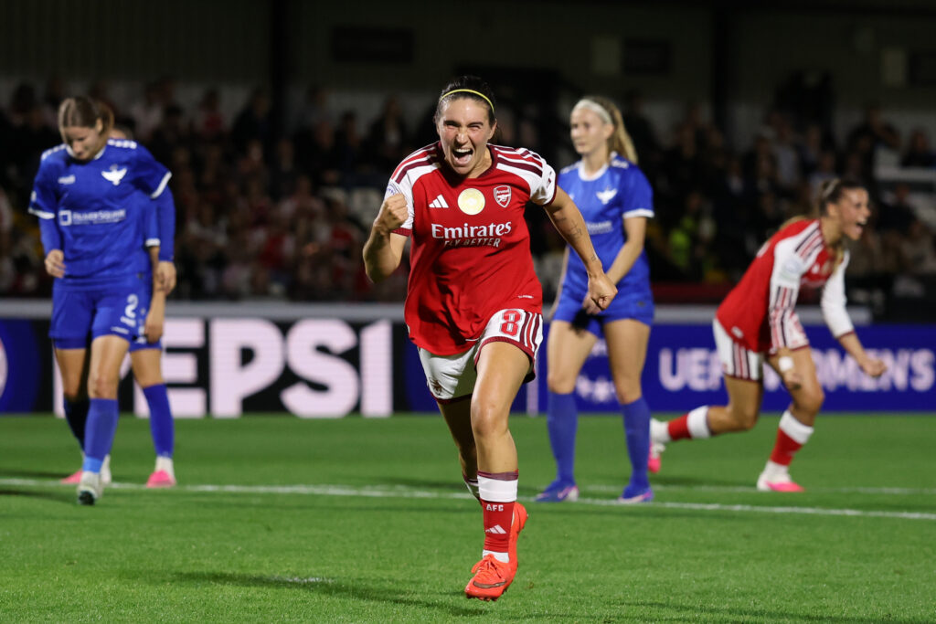Mariona Caldentey of Arsenal celebrates after she scores a penalty goal to make it 1-0 during the UEFA Women's Champions League 2026/27 League Phase MD1 match between Arsenal FC and HB Koge Women at Meadow Park.