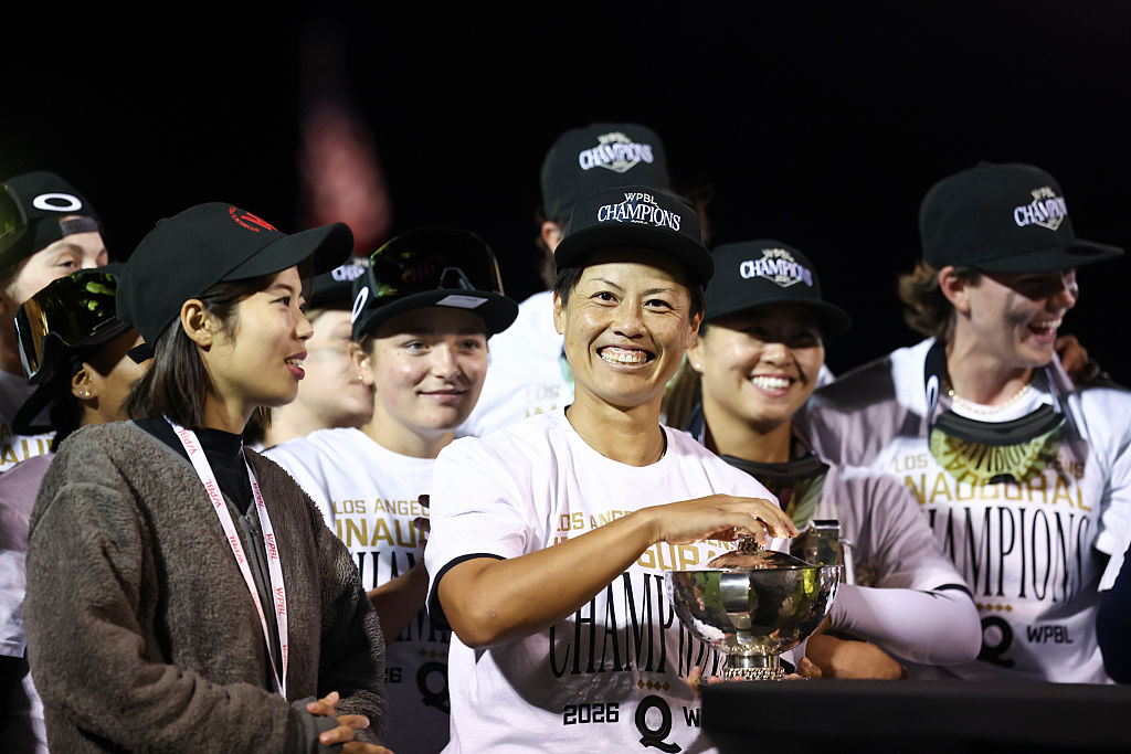 Ayami Sato #18 of the Los Angeles Queens receives the MVP award during the trophy ceremony after the Los Angeles Queens defeated the San Francisco Firebells 2-0 to win the inaugural WPBL championship at Robin Roberts Stadium on September 22, 2026 in Springfield, Illinois.