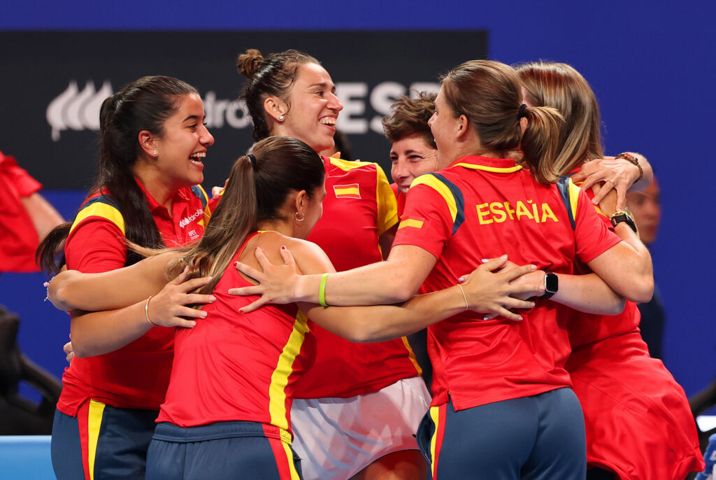 Cristina Bucsa and Sara Sorribes Tormo of Spain celebrate with their after winning match 3 against Anna Danilina and Zhibek Kulambayeva of Kazakhstan in the Billie Jean King Cup by Gainbridge Finals 2026, Quarter-Final match between Kazakhstan and Spain at Shenzhen Bay Sports Centre Arena.