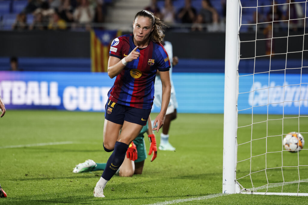 Ewa Pajor of FC Barcelona celebrates a goal during the UEFA Women’s Champions League 2026/27 League Phase MD1, football match played between FC Barcelona and Paris FC at Johan Cruyff Stadium.