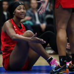 Angel Reese #5 of the Atlanta Dream looks reacts during the first quarter against the New York Liberty at Barclays Center.