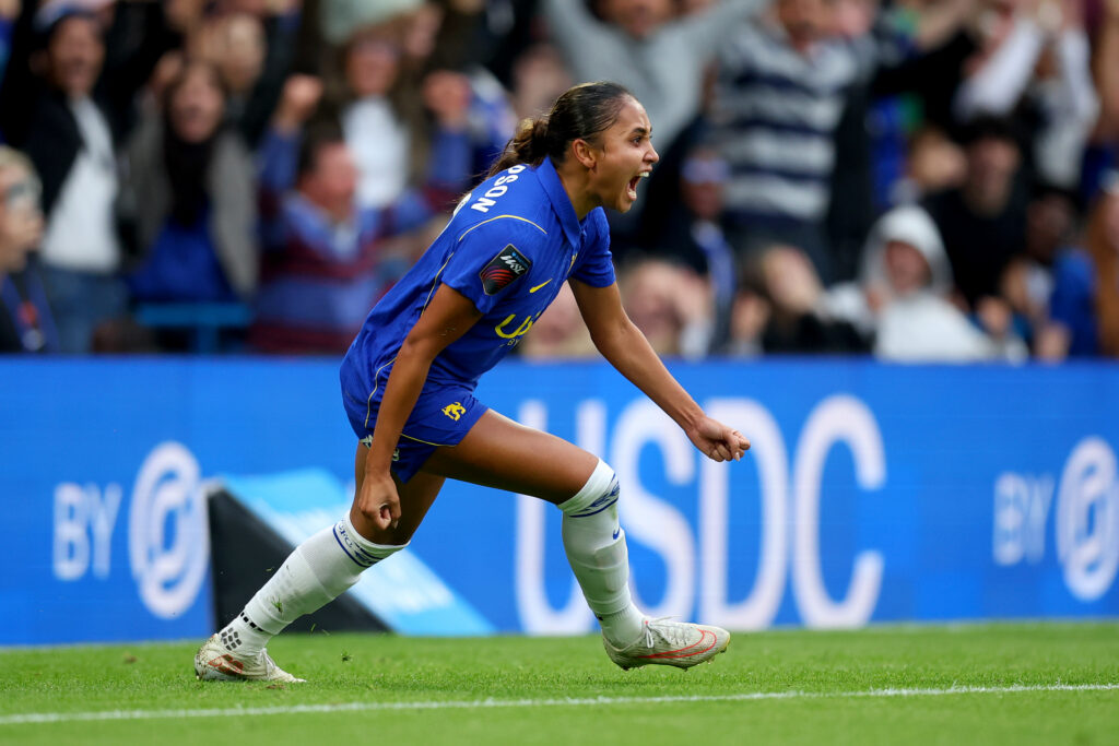 Alyssa Thompson of Chelsea celebrates their team's first goal during the Barclays Women's Super League 2026/27 match between Chelsea FC and Arsenal FC at Stamford Bridge on September 27, 2026 in London, England.
