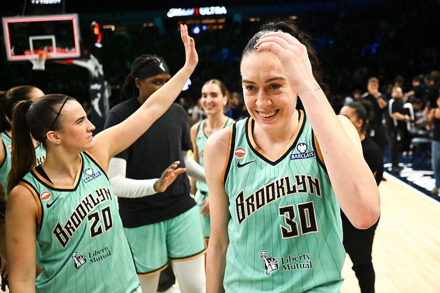 Breanna Stewart #30 of the New York Liberty celebrates after Game One of the first round of the WNBA Playoffs against the Minnesota Lynx at Target Center on September 27, 2026 in Minneapolis, Minnesota. The Liberty defeated the Lynx 91-75.