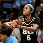 Atlanta forward Angel Reese (5) reacts during the WNBA first round playoff game between the Washington Mystics and the Atlanta Dream on September 27th, 2026.