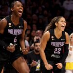 Kaila Charles #6 and Veronica Burton #22 of the Golden State Valkyries react after a rebound during the fourth quarter of the game against the Los Angeles Sparks at Crypto.com Arena.