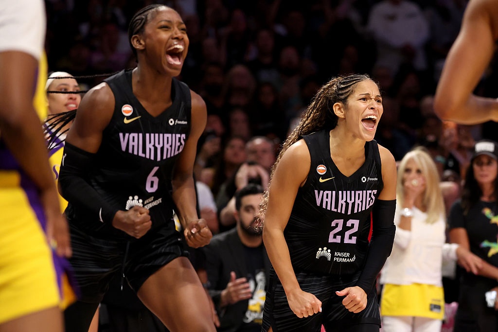 Kaila Charles #6 and Veronica Burton #22 of the Golden State Valkyries react after a rebound during the fourth quarter of the game against the Los Angeles Sparks at Crypto.com Arena.