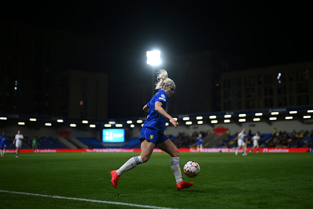 Ellie Carpenter of Chelsea in action during the UEFA Women's Champions League 2026/27 League Phase MD1 match between Chelsea FC and Austria Wien at The Cherry Red Records Stadium on September 23, 2026 in Kingston upon Thames, England.