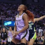 Kayla Thornton #5 of the Golden State Valkyries reacts after a play in the third quarter against the Dallas Wings in Game 1 of the first round of the WNBA Playoffs at Chase Center on September 27, 2026 in San Francisco, California.