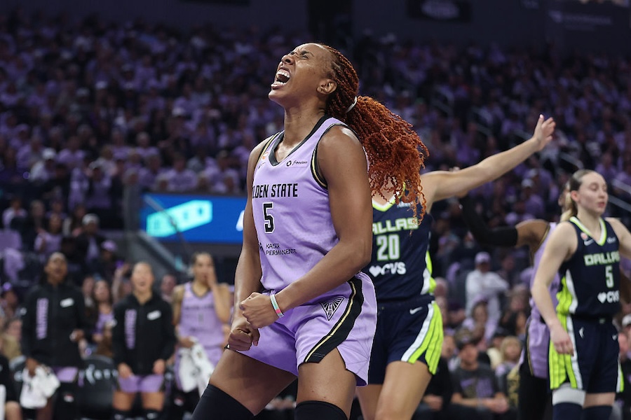 Kayla Thornton #5 of the Golden State Valkyries reacts after a play in the third quarter against the Dallas Wings in Game 1 of the first round of the WNBA Playoffs at Chase Center on September 27, 2026 in San Francisco, California.