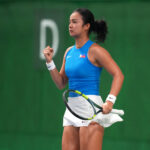 Alexandra Eala of the Philippines reacts a point during the Women's Singles Second Round match against Patcharin Cheapchandej of Thailand on day nine of the 20th Asian Games.