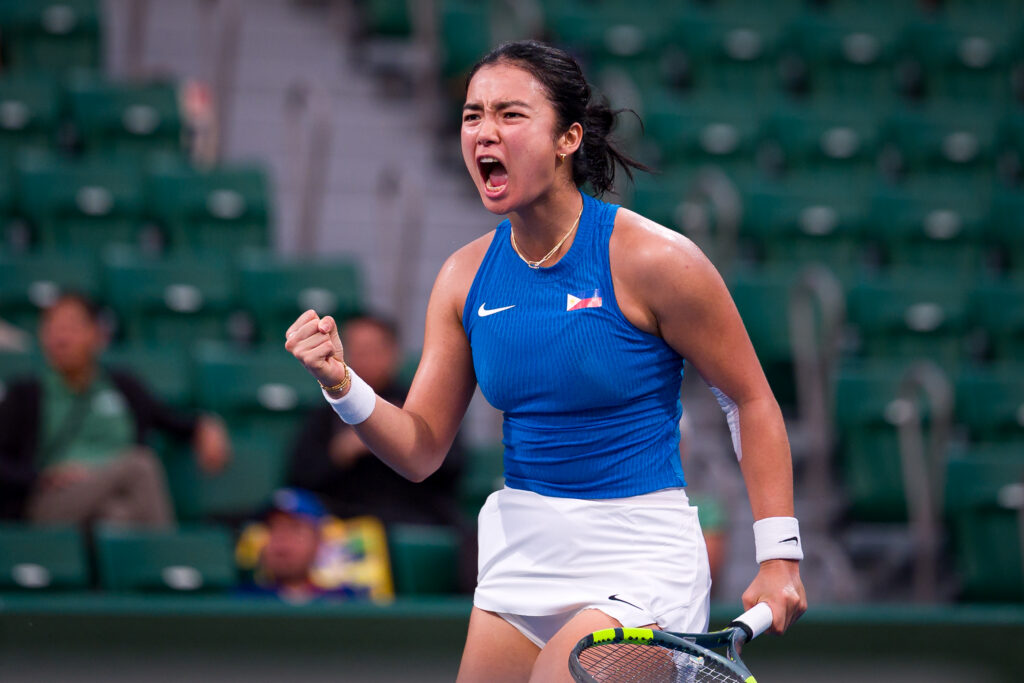 Alexandra Eala of Philippines celebrates a point against Joanna Garland of Chinese Taipei of Chinese Taipei in their Tennis Women's Singles Quarter-finals match on day ten of the 20th Asian Games Aichi-Nagoya at Nagoya City Higashiyama Park Tennis Center on September 30, 2026 in Nagoya, Aichi.
