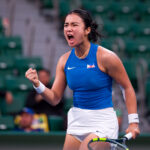 Alexandra Eala of Philippines celebrates a point against Joanna Garland of Chinese Taipei of Chinese Taipei in their Tennis Women's Singles Quarter-finals match on day ten of the 20th Asian Games Aichi-Nagoya at Nagoya City Higashiyama Park Tennis Center on September 30, 2026 in Nagoya, Aichi.