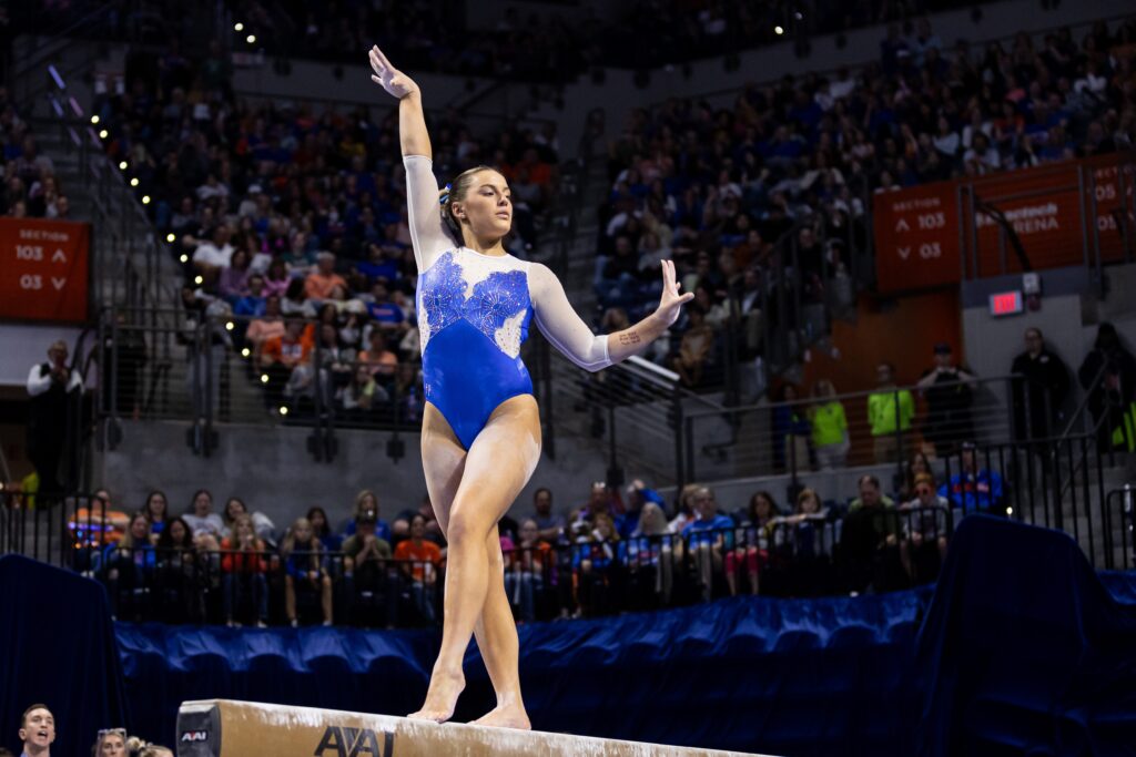 Florida Gators gymnast Skylar Draser performs on the beam against the LSU Tigers during the meet at Exactech Arena.