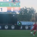 Sporting Jax goalkeeper Jamie Gerstenberg (1) kicks the ball upfield in warm-ups before a Gainbridge Super League game against Carolina Ascent FC on Sept. 13, 2025.