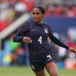 United States defender Naomi Girma (4) in action against Colombia during the first half at Sports Illustrated Stadium.