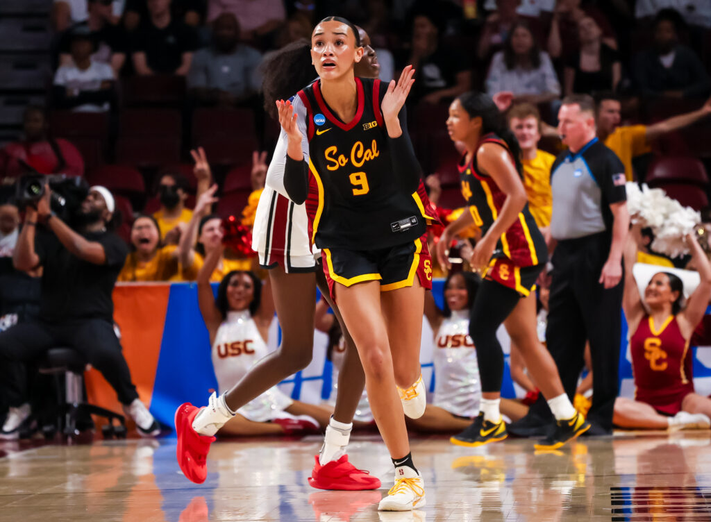 USC Trojans guard Jazzy Davidson (9) celebrates a three point basket against the South Carolina Gamecocks in the second half at Colonial Life Arena.