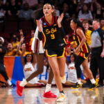 USC Trojans guard Jazzy Davidson (9) celebrates a three point basket against the South Carolina Gamecocks in the second half at Colonial Life Arena.