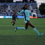 Gotham FC forward Jordynn Dudley (2) controls the ball against the Chicago Stars FC during the first half at Northwestern Medicine Field at Martin Stadium.
