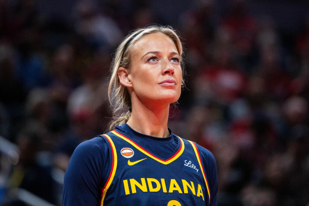 Indiana Fever guard Sophie Cunningham (8) in the first half against the Seattle Storm at Gainbridge Fieldhouse.