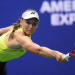 Elena Rybakina in action during her final match against Belarus' Aryna Sabalenka.
