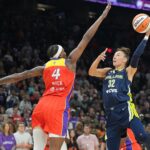 Dallas Wings forward Jessica Shepard (32) shoots over Phoenix Mercury forward Natasha Mack (4) in the first half at Mortgage Matchup Center.